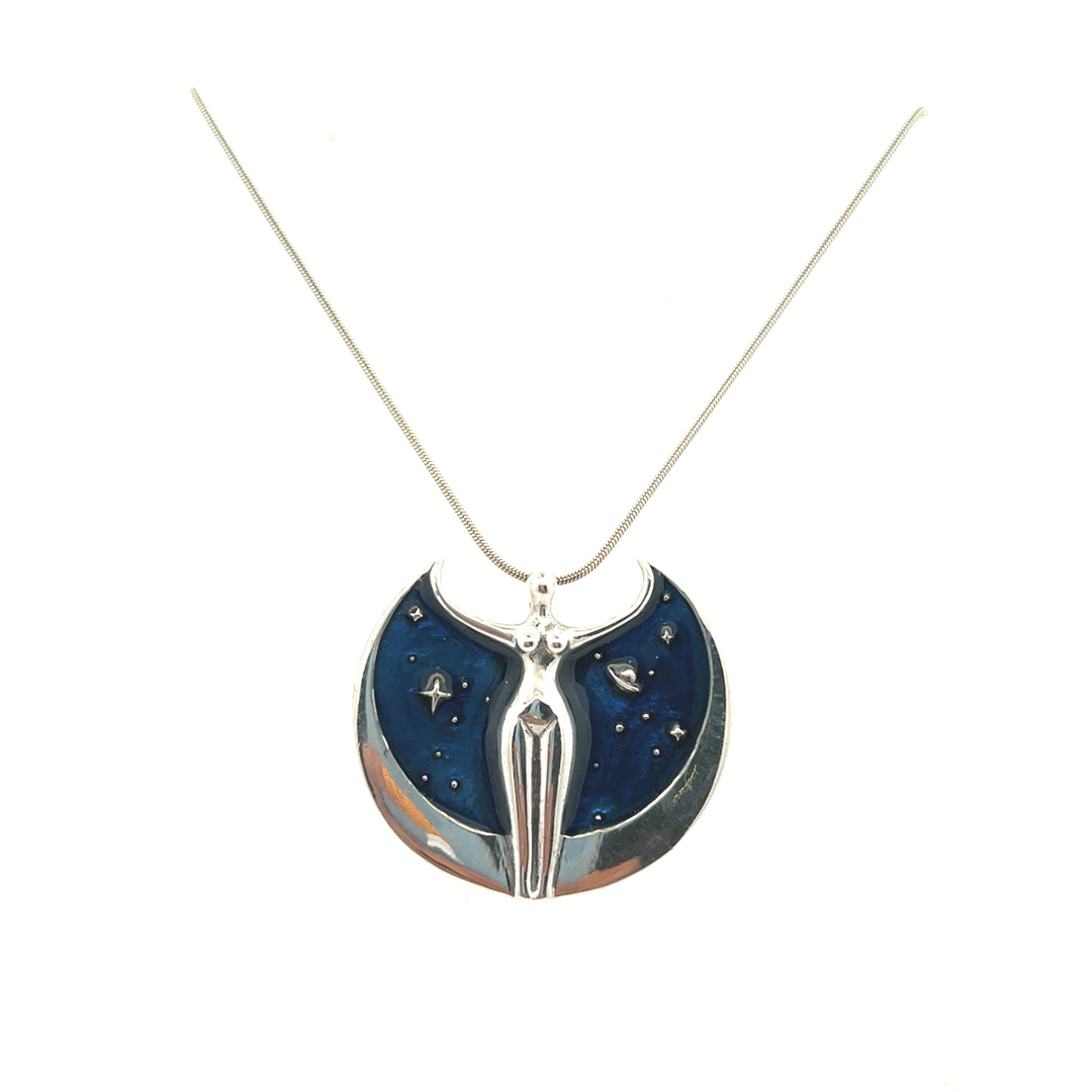 Estate Oberon Zell Sterling Silver Blue Enamel "Astra Star Goddess" Pendant Necklace