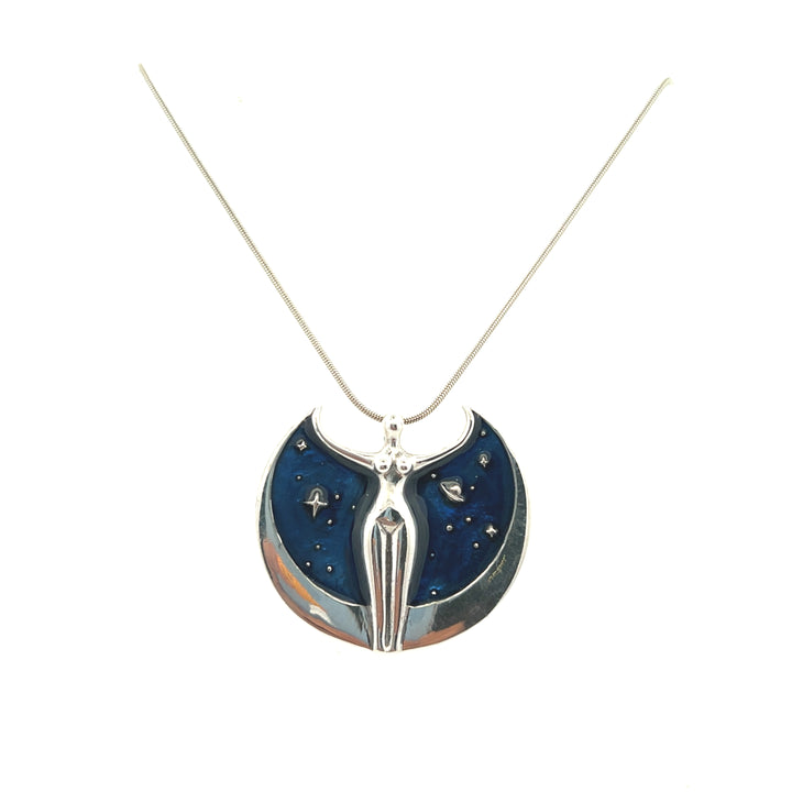 Estate Oberon Zell Sterling Silver Blue Enamel "Astra Star Goddess" Pendant Necklace