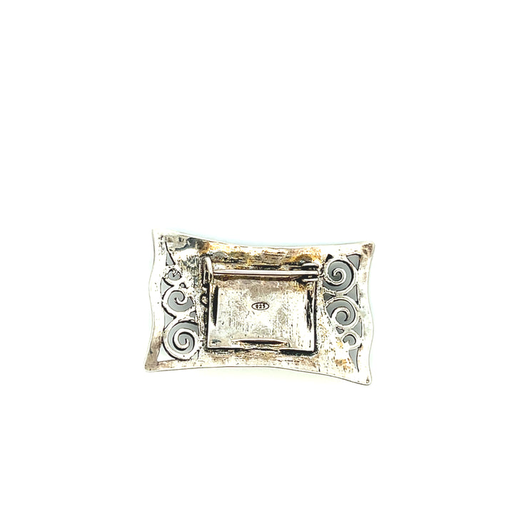 Estate Sterling Silver Faceted Rectangle Opalite Glass Scroll Pin Brooch