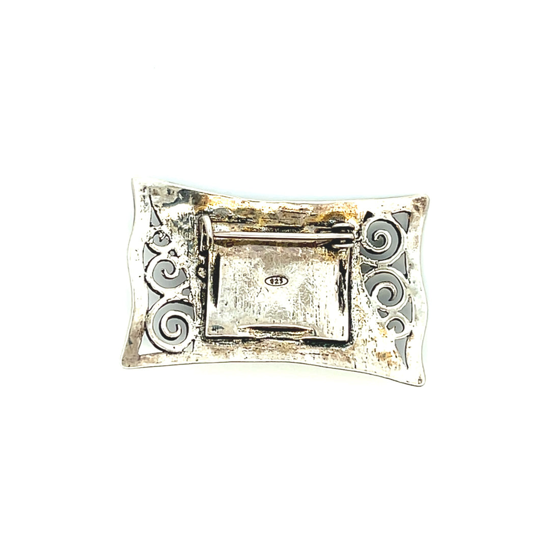 Estate Sterling Silver Faceted Rectangle Opalite Glass Scroll Brooch
