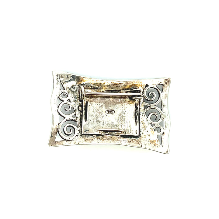 Estate Sterling Silver Faceted Rectangle Opalite Glass Scroll Brooch