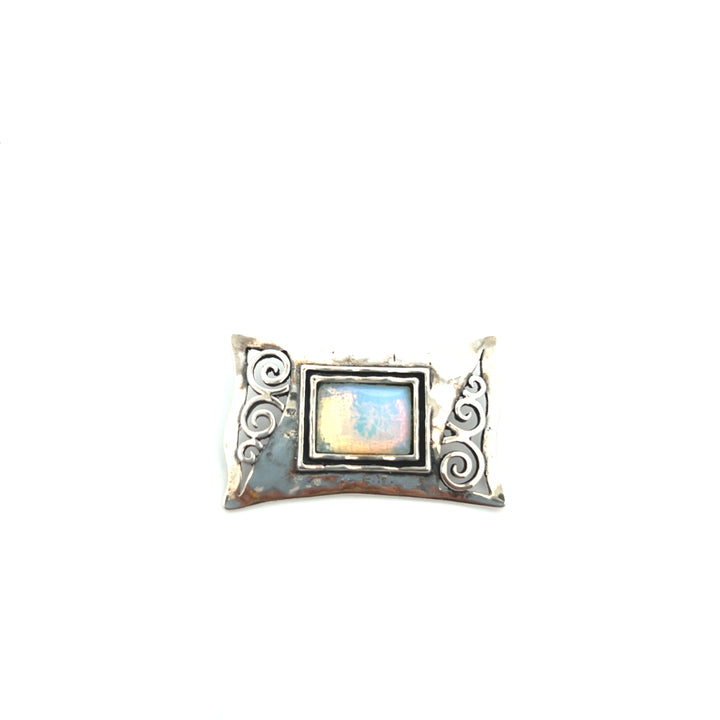 Estate Sterling Silver Faceted Rectangle Opalite Glass Scroll Pin Brooch