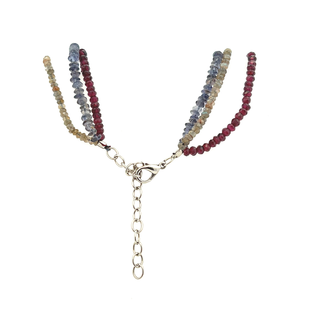 Estate Silver Tone Rhodolite Garnet, Labradorite & Tanzanite Tri-Strand Beaded Necklace