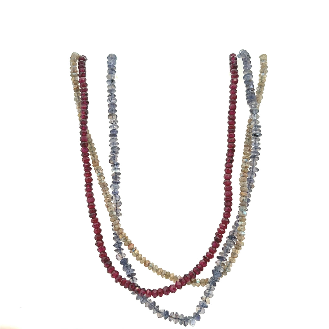 Estate Silver Tone Rhodolite Garnet, Labradorite & Tanzanite Tri-Strand Beaded Necklace