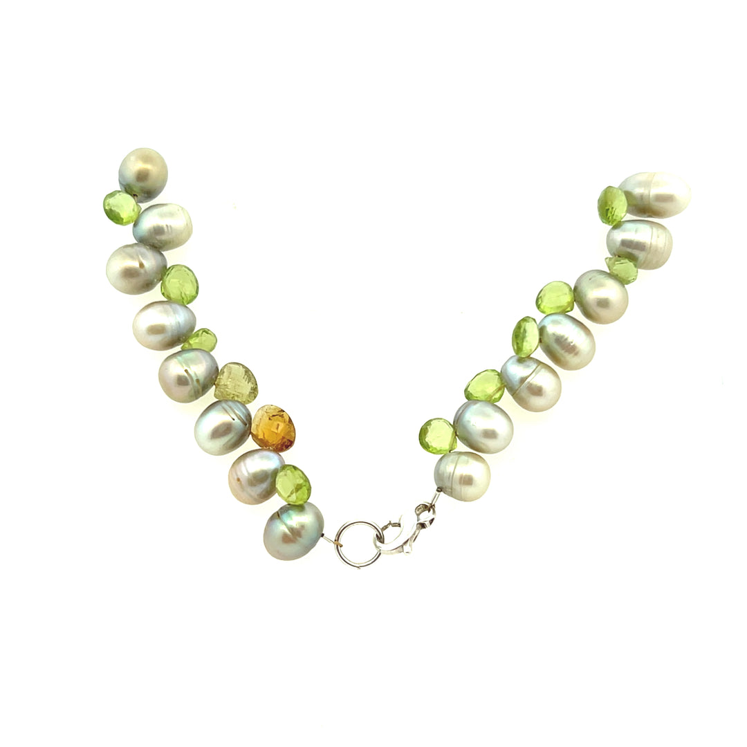 Estate Sterling Silver Dyed Green Pearl, Peridot & Quartz Beaded Necklace