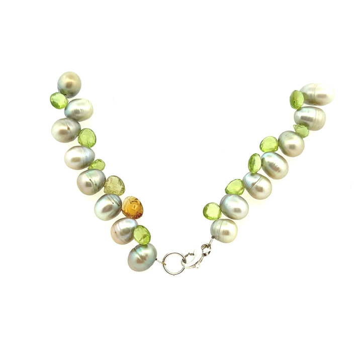 Estate Sterling Silver Dyed Green Pearl, Peridot & Quartz Beaded Necklace
