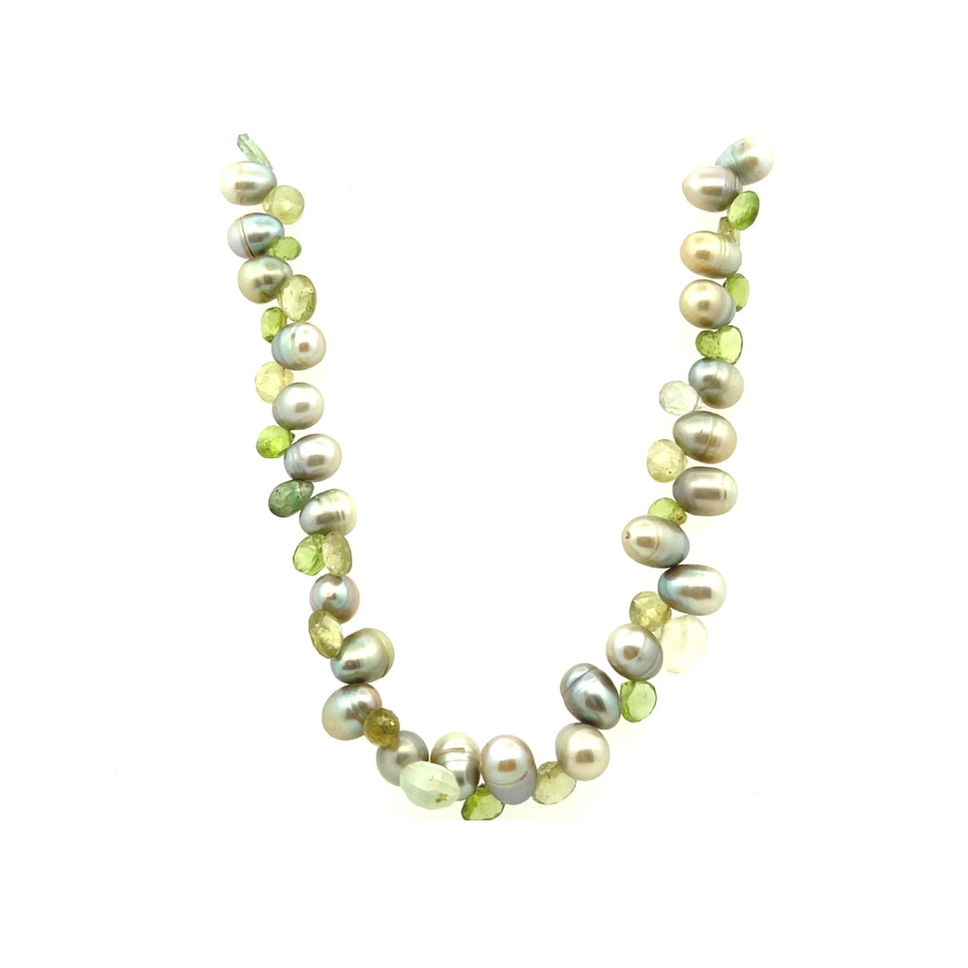 Estate Sterling Silver Dyed Green Pearl, Peridot & Quartz Beaded Necklace