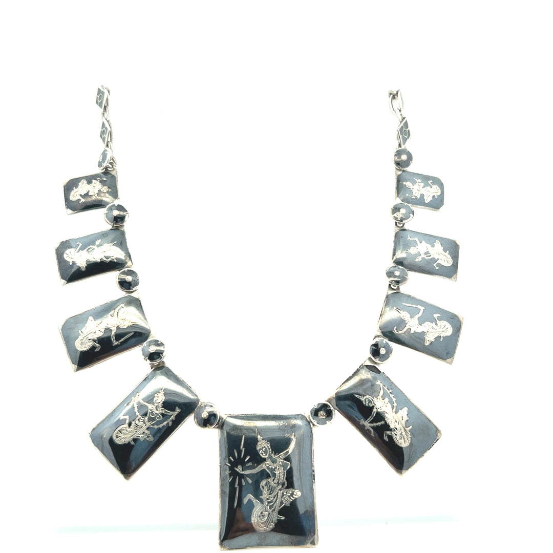 Estate 1960s Sterling Silver Niello Thai Dancer Graduating Link Necklace
