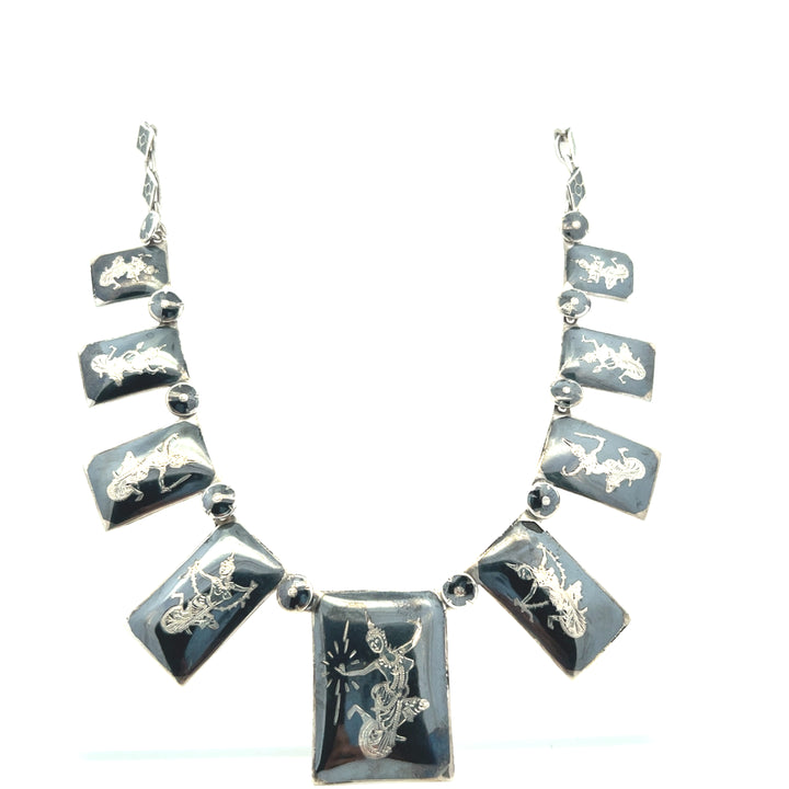 Estate 1960s Sterling Silver Niello Thai Dancer Graduating Link Necklace
