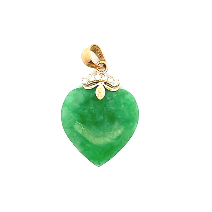 Estate 14K Yellow Gold Heart Shaped Dyed Jadeite & CZ Charm