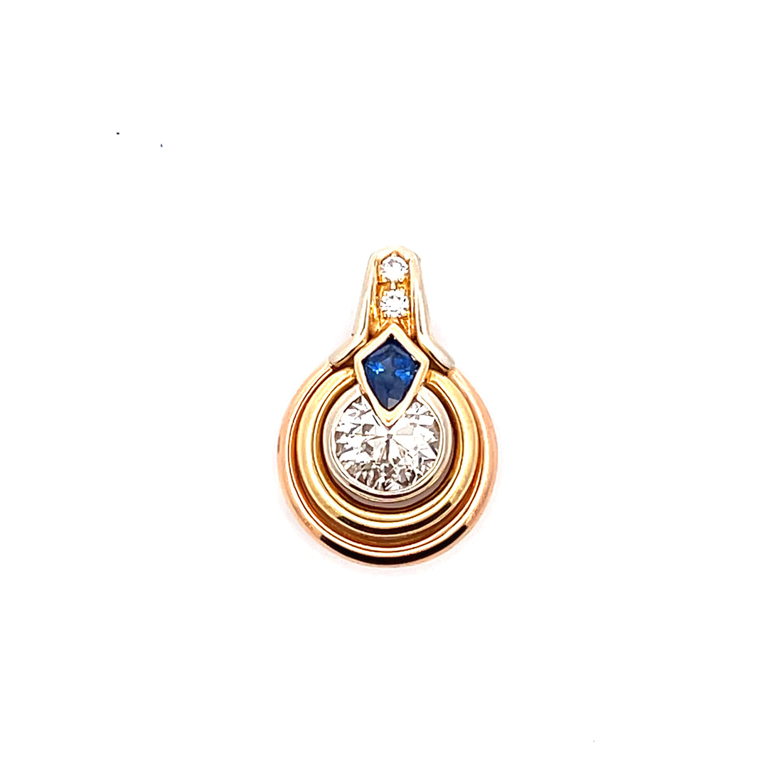 Estate 1980s G. Petochi 18K Tri-Color Gold Old European Cut Diamond & Pear Blue Sapphire Pendant