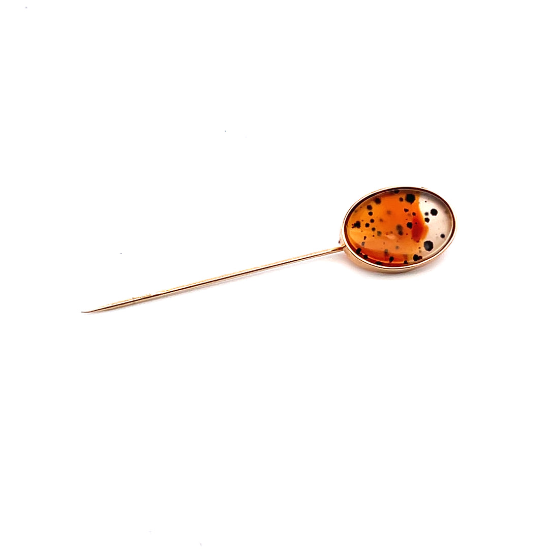 Estate Edwardian 14K Yellow Gold Oval Cabochon Agate Stick Pin