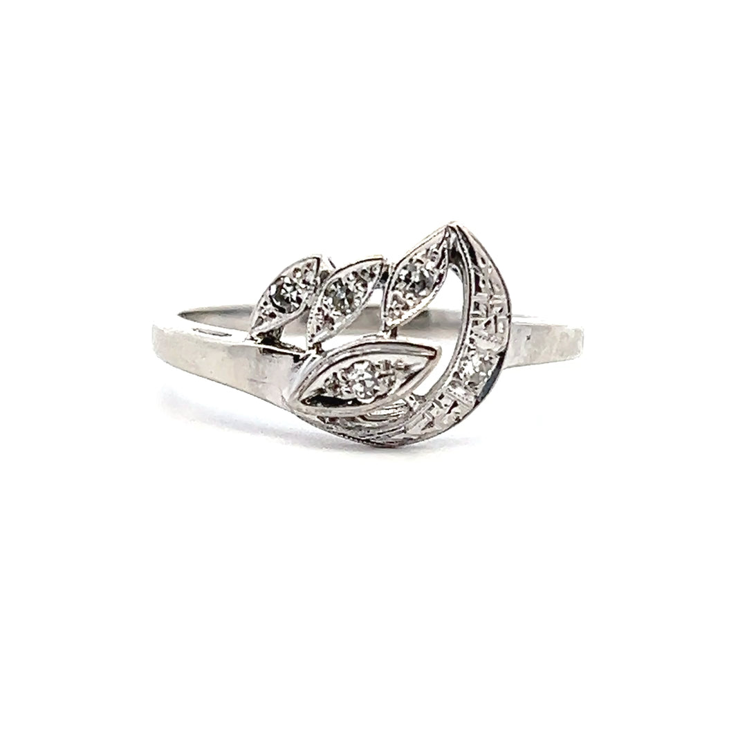 Estate 1950s 14K White Gold Single Cut Diamond Leaf Motif Ring
