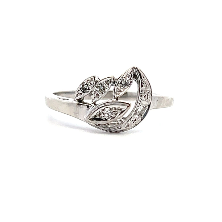 Estate 1950s 14K White Gold Single Cut Diamond Leaf Motif Ring