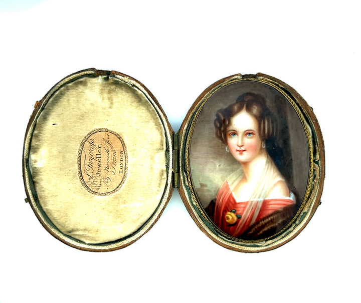 Estate Victorian Miniature Portrait Pin with Original Red Leather Box