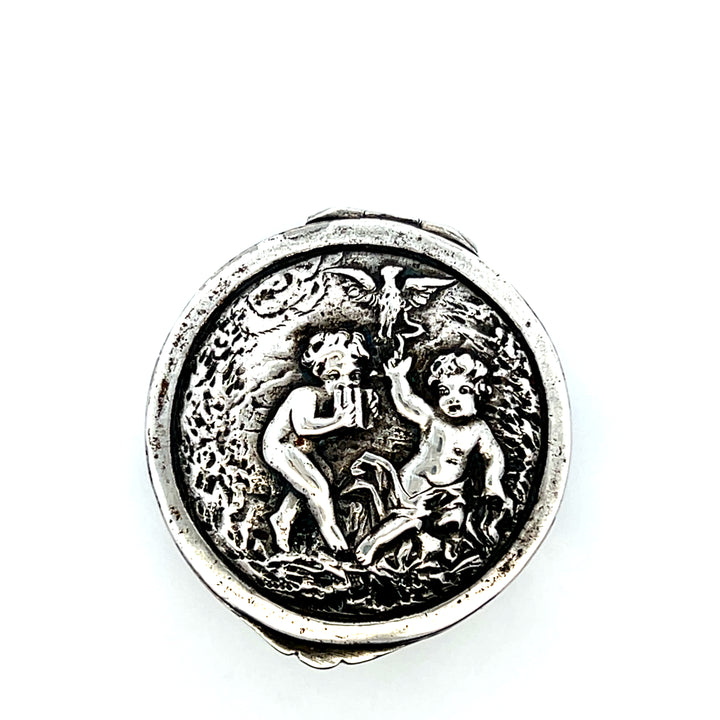 Estate Victorian 800 Silver Engraved Cherub Hinged Container with Gilt Interior