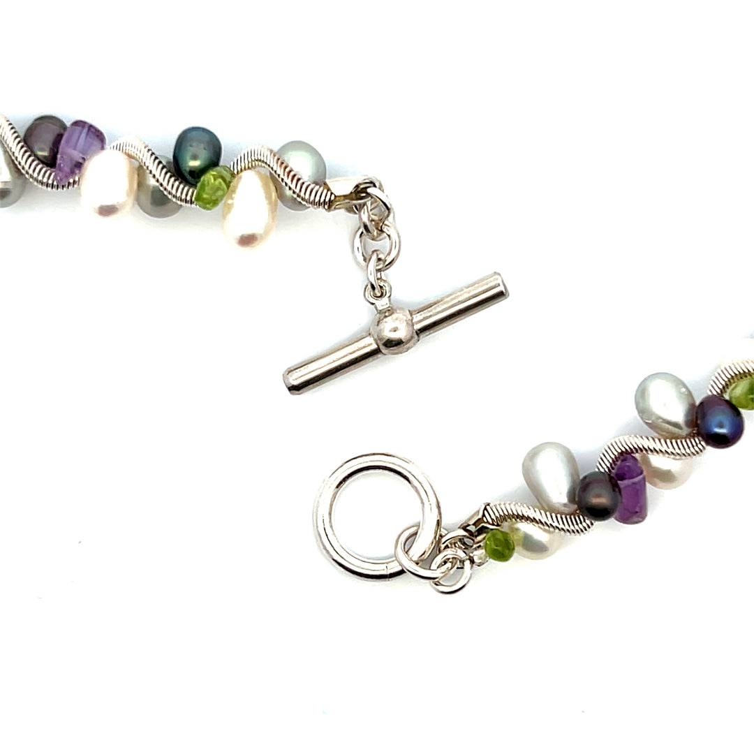 Estate Sterling Silver Peridot, Amethyst & Pearl Beaded Coil Wire Necklace