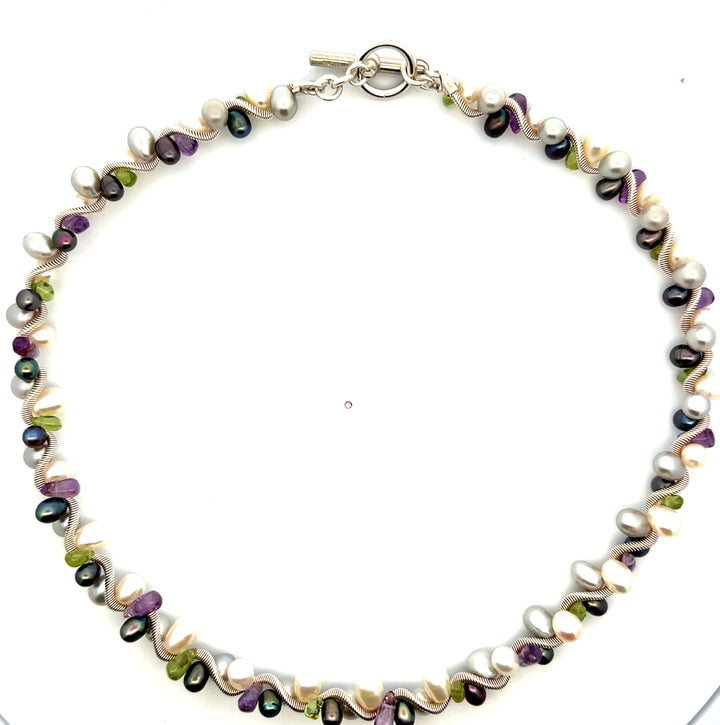 Estate Sterling Silver Peridot, Amethyst & Pearl Beaded Coil Wire Necklace