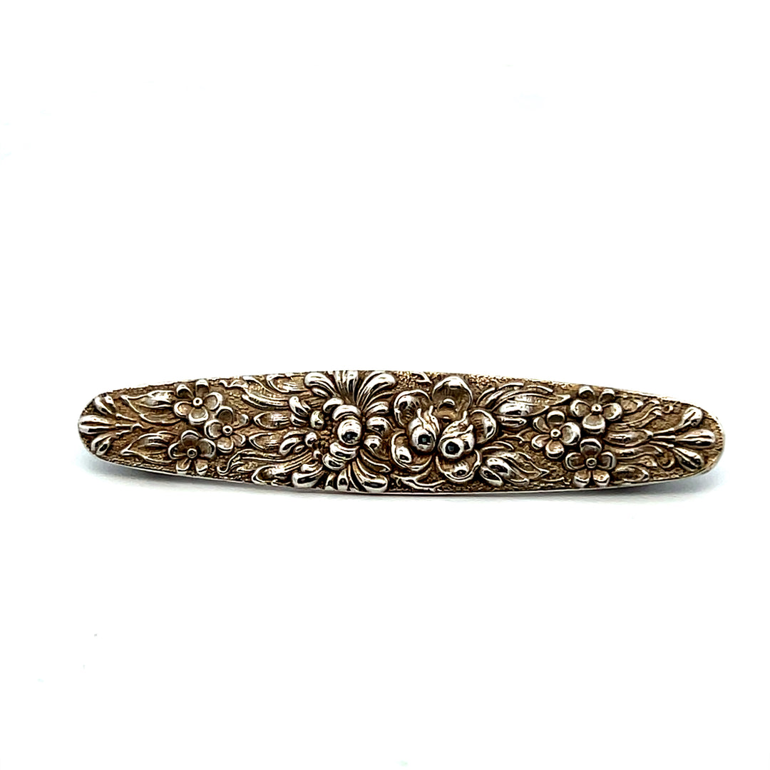 Estate Stieff Sterling Silver Rose & Floral Patterned Bar Pin Brooch