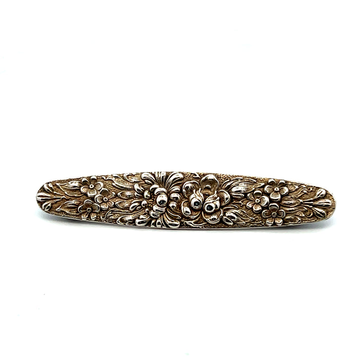 Estate Stieff Sterling Silver Rose & Floral Patterned Bar Pin Brooch