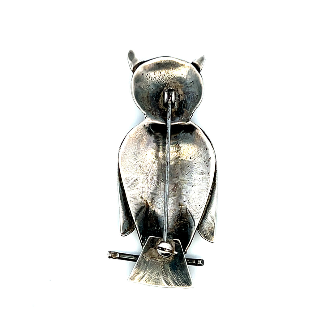 Estate Vintage Sterling Silver Turquoise Cabochon Owl on Branch Pin Brooch
