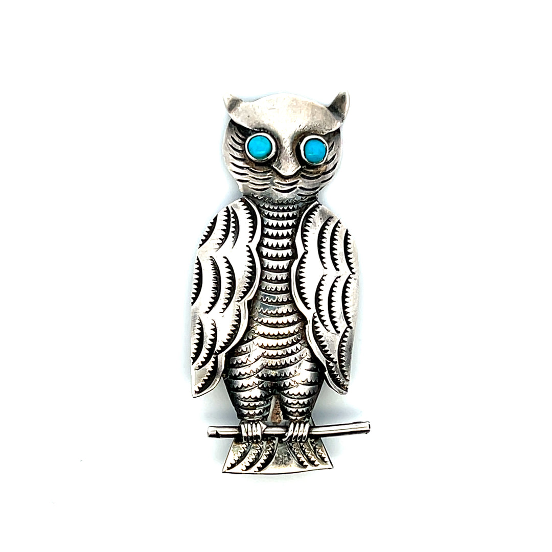 Estate Vintage Sterling Silver Turquoise Cabochon Owl on Branch Pin Brooch