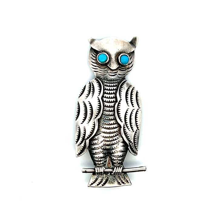 Estate Vintage Sterling Silver Turquoise Cabochon Owl on Branch Pin Brooch