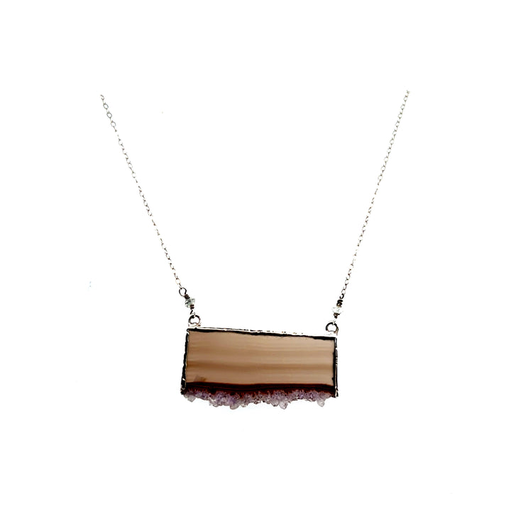 Estate Sterling Silver Agate Druzy Slab & Quartz Bead Necklace