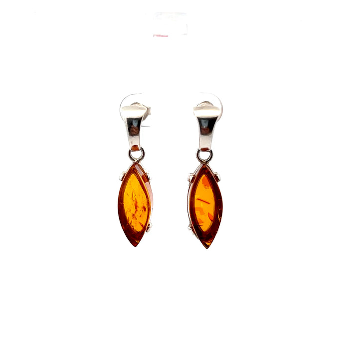 Estate Sterling Silver Marquise Cabochon Amber Dangle Stud Earrings
