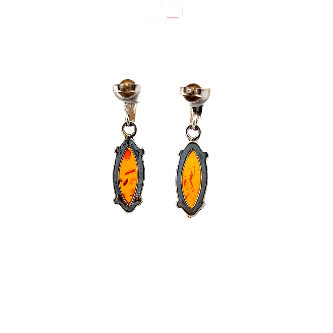 Estate Sterling Silver Marquise Amber Drop Earrings