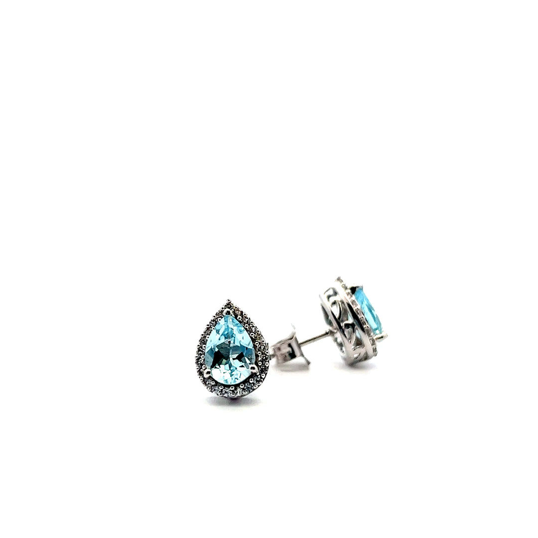 Estate Sterling Silver Pear Cut Blue Topaz & Cubic Zirconia Cluster Stud Earrings