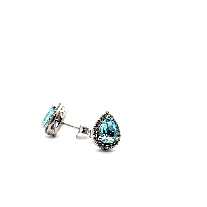 Estate Sterling Silver Pear Cut Blue Topaz & Cubic Zirconia Cluster Stud Earrings