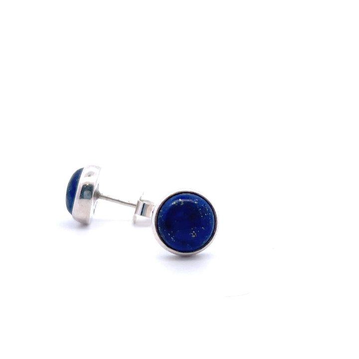 Estate Sterling Silver Round Cabochon Lapis Lazuli Bezel Stud Earrings