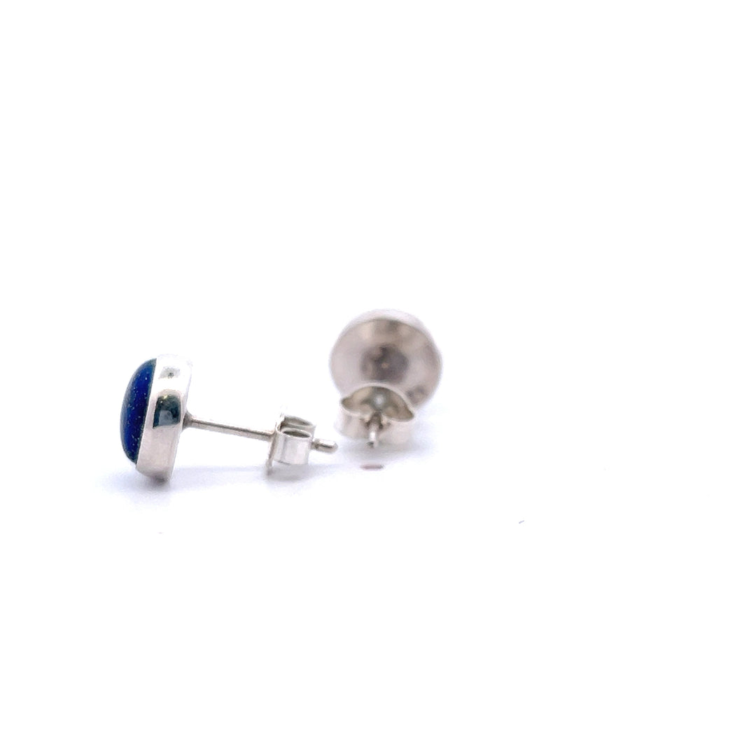 Estate Sterling Silver Round Cabochon Lapis Lazuli Bezel Stud Earrings
