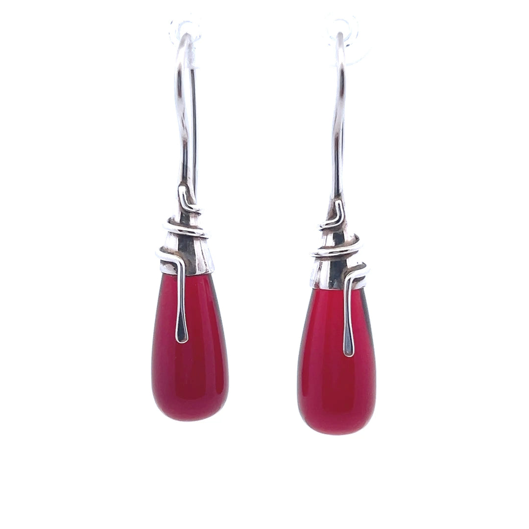Estate Sterling Silver French Wire Wrapped Red Glass Drop Earrings
