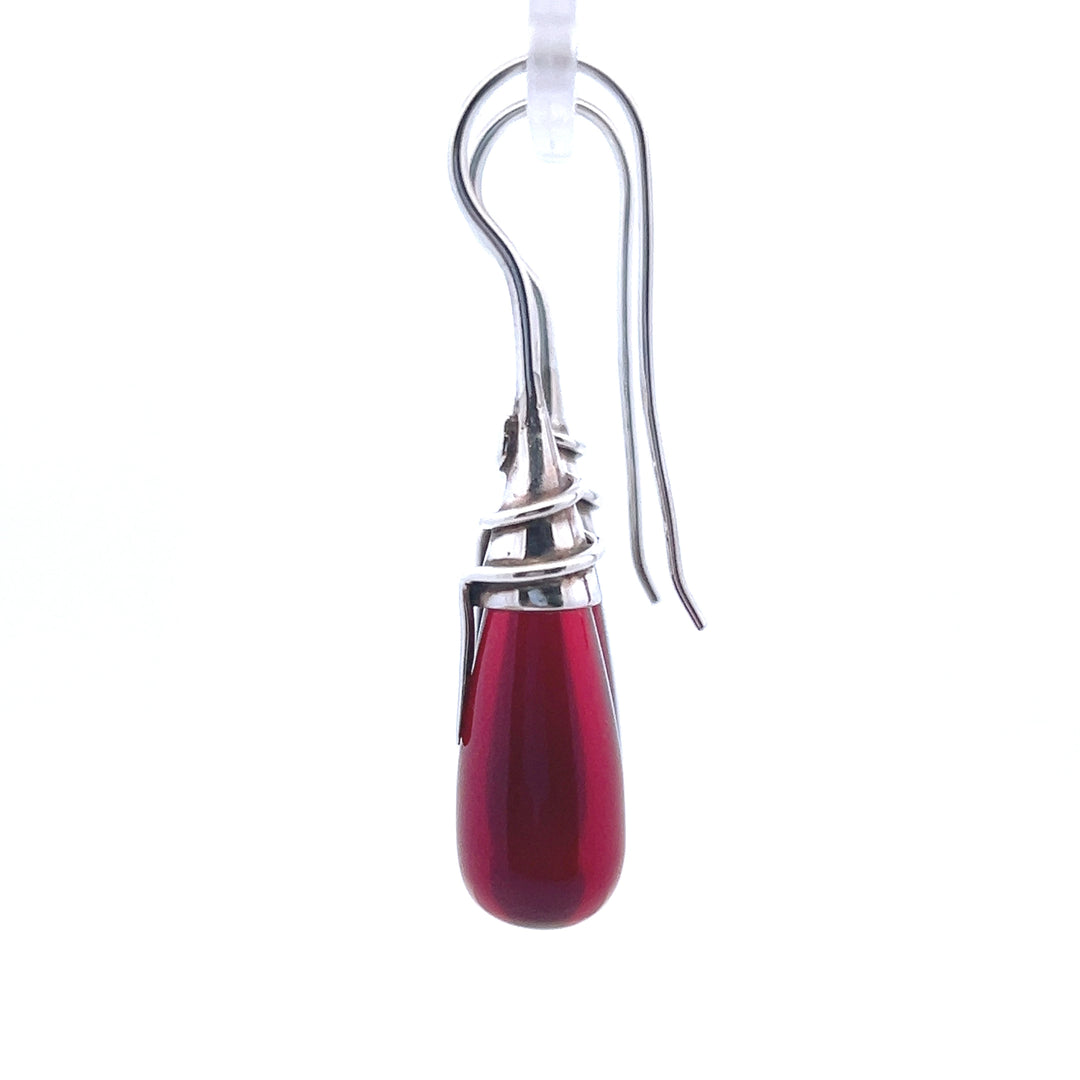 Estate Sterling Silver French Wire Wrapped Red Glass Drop Earrings