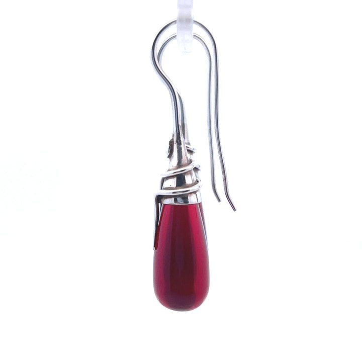 Estate Sterling Silver French Wire Wrapped Red Glass Drop Earrings