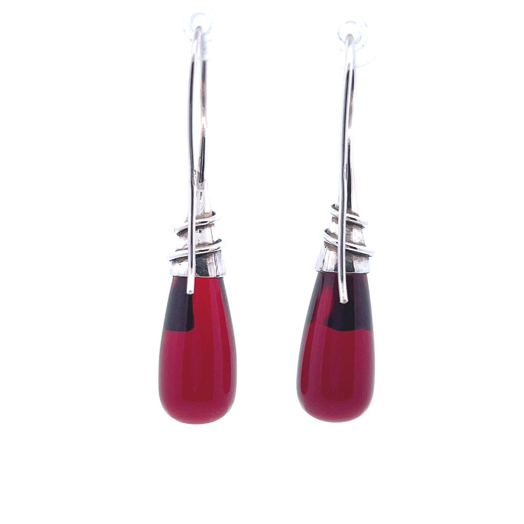 Estate Sterling Silver French Wire Wrapped Red Glass Drop Earrings