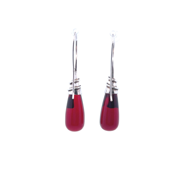 Estate Sterling Silver French Wire Wrapped Red Glass Drop Earrings
