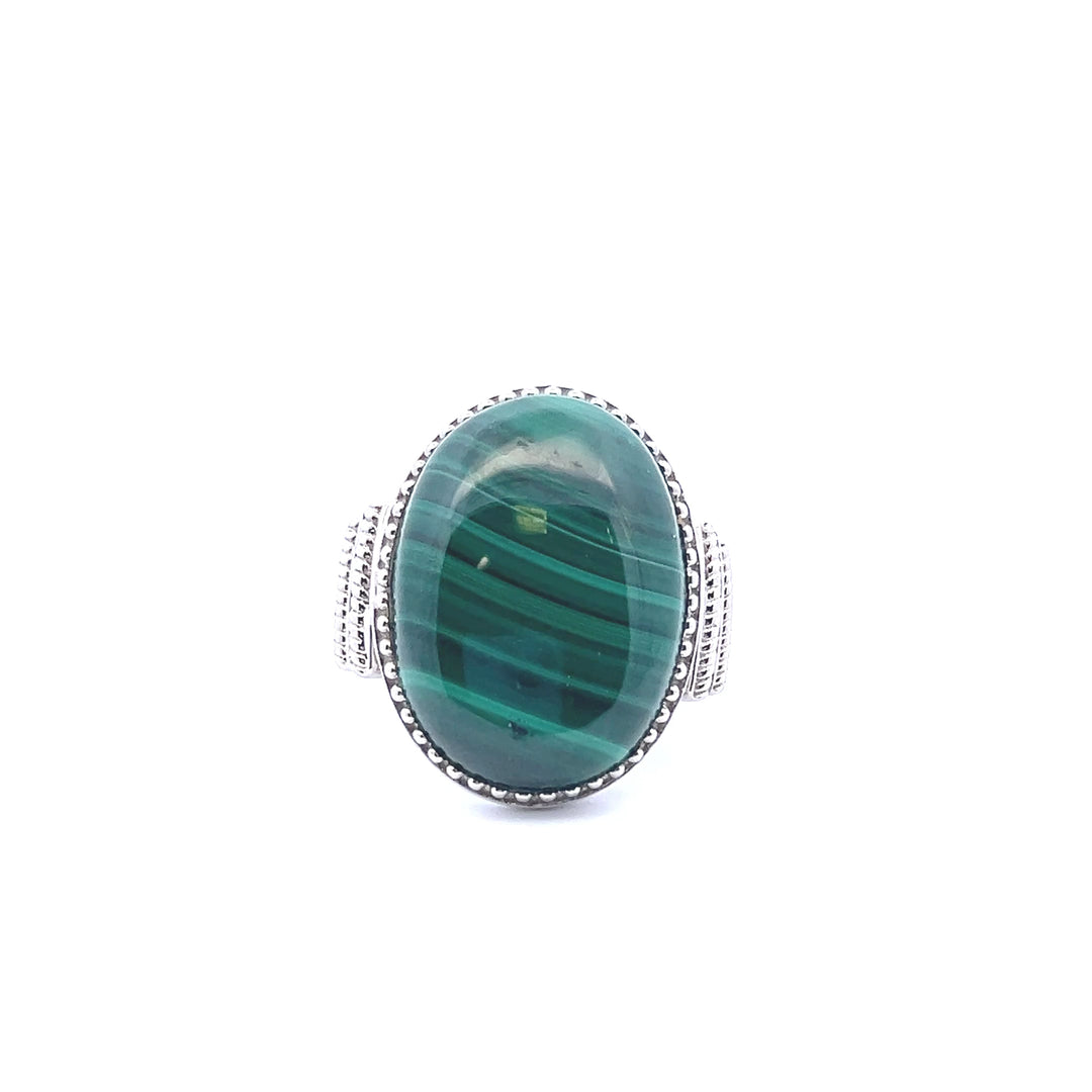 Estate Sterling Silver Oval Cabochon Malachite Solitaire Ring