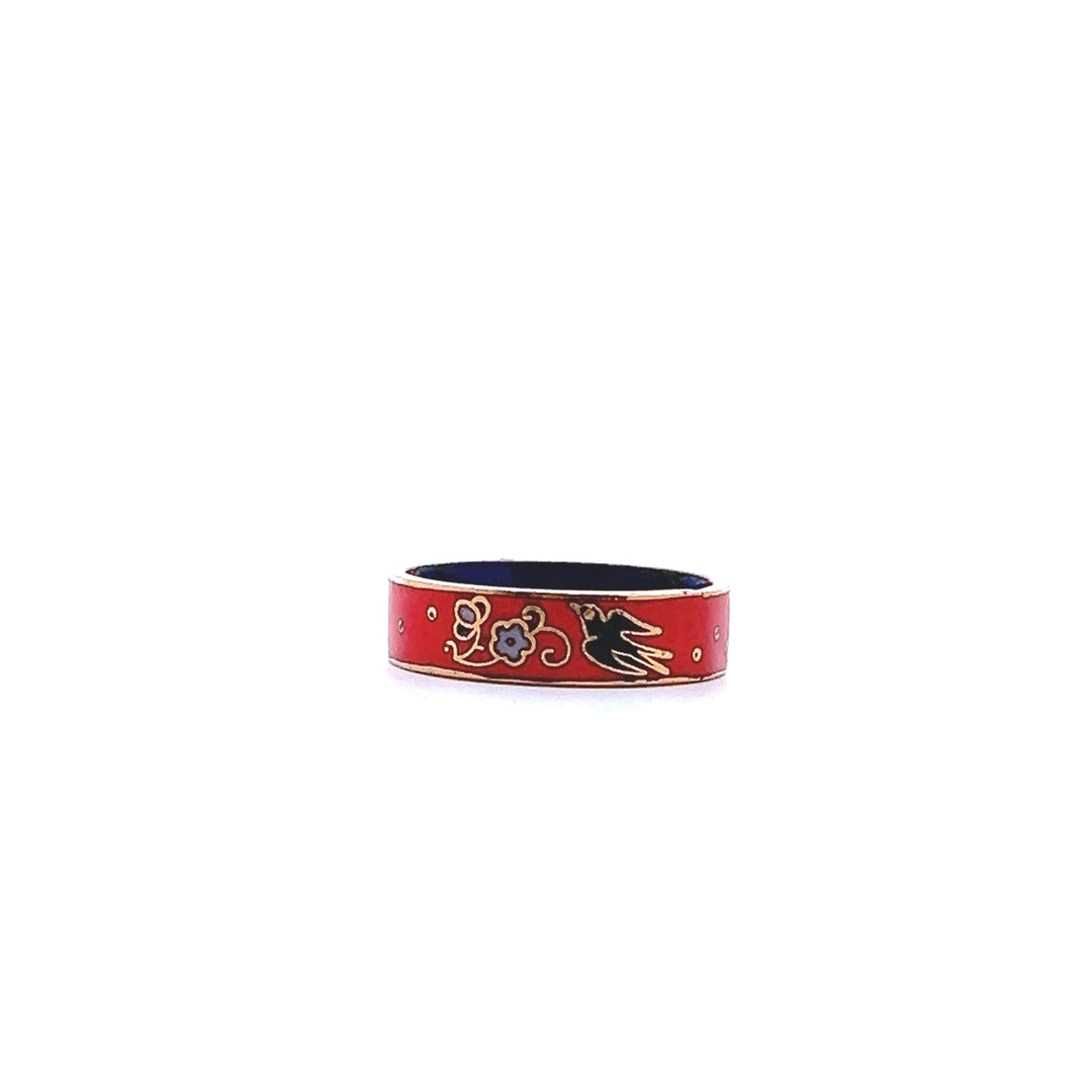 Estate 1970s Gold Tone Orange & Multicolor Enamel Bird & Flower Ring