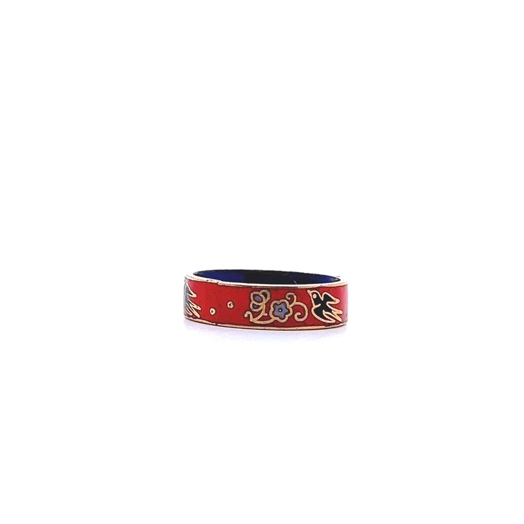 Estate 1970s Gold Tone Orange & Multicolor Enamel Bird & Flower Ring