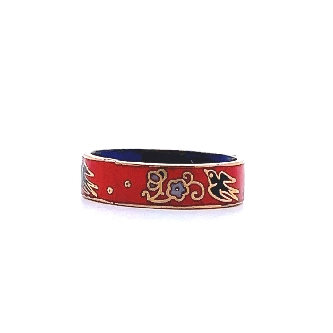 Estate 1970s Gold Tone Orange & Multicolor Enamel Bird & Flower Ring
