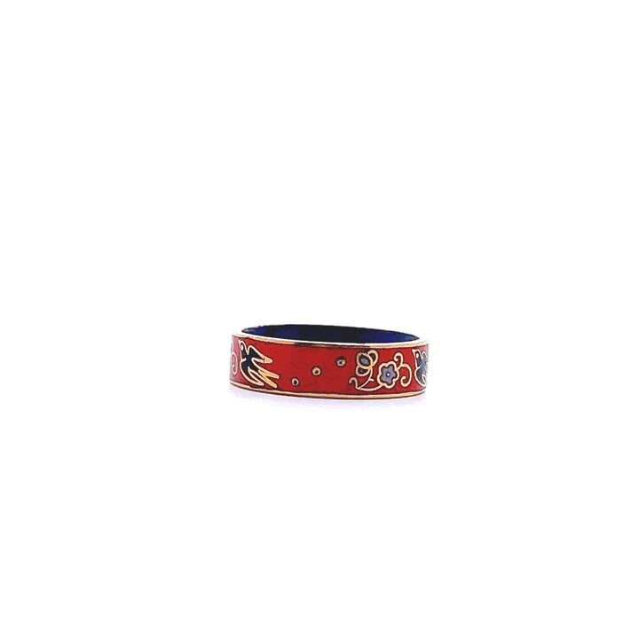 Estate 1970s Gold Tone Orange & Multicolor Enamel Bird & Flower Ring