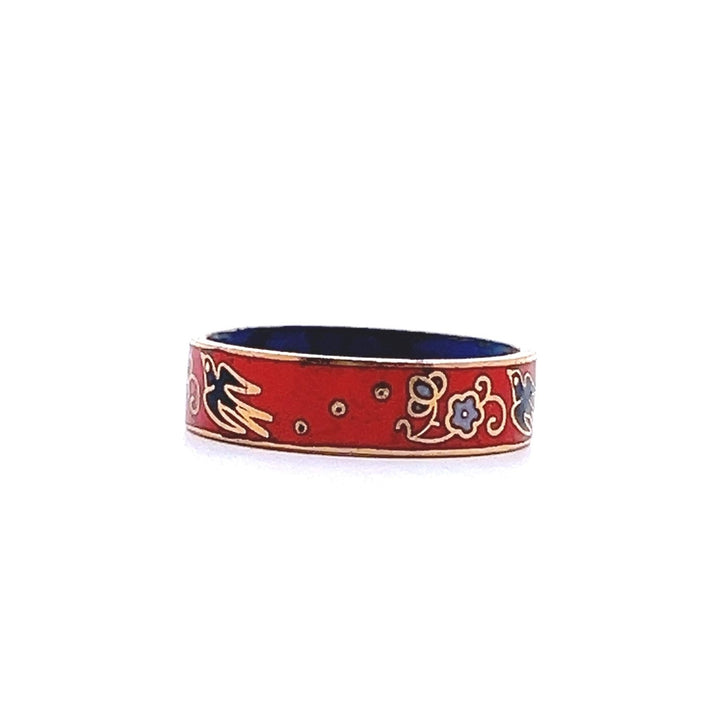 Estate 1970s Gold Tone Orange & Multicolor Enamel Bird & Flower Ring