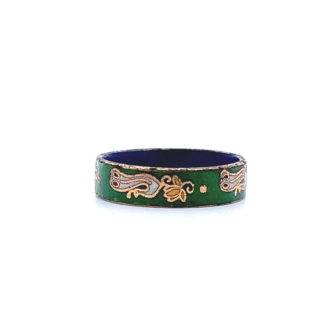 Estate 1970s Gold Tone Green & Multicolor Enamel Ring