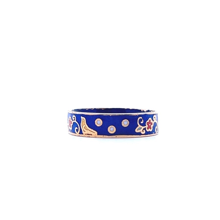Estate 1970s Gold Tone Blue & Multicolor Enamel Bird & Flower Ring