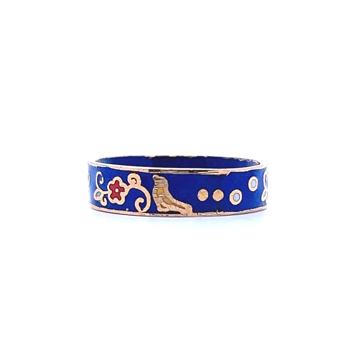Estate 1970s Gold Tone Blue & Multicolor Enamel Bird & Flower Ring