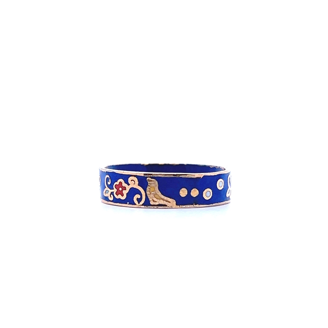 Estate 1970s Gold Tone Blue & Multicolor Enamel Bird & Flower Ring