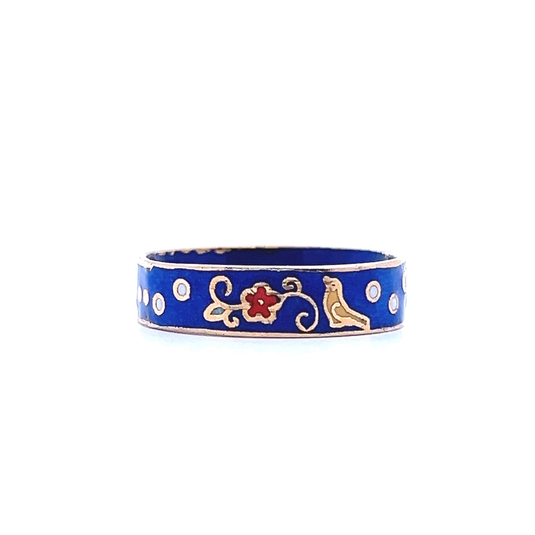 Estate 1970s Gold Tone Blue & Multicolor Enamel Bird & Flower Ring